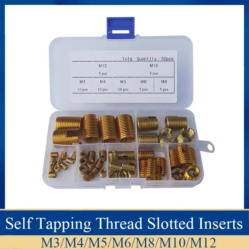 

50pcs/set M3/4/5/6/8/10/12 Carbon steel Self tapping Thread Insert Self Tapping Screw Bushing Slotted Type Thread Repair kit