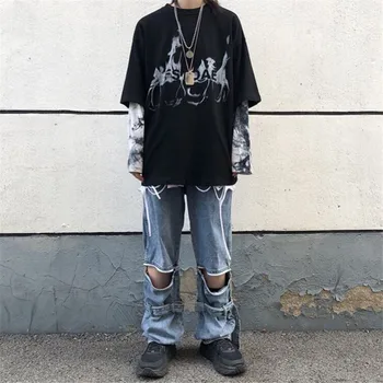 

Focal20 Streetwear Fake 2 Pieces Lady Sweatshirt Tie Dyeing Patchwork Women Tracksuit Loose Hit Color Women Pullovers