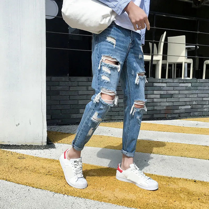 New Skinny Jeans Men Streetwear Destroyed Ripped Jeans Homme Hip Hop Broken Modis Male Pencil Biker Embroidery Patch Pants