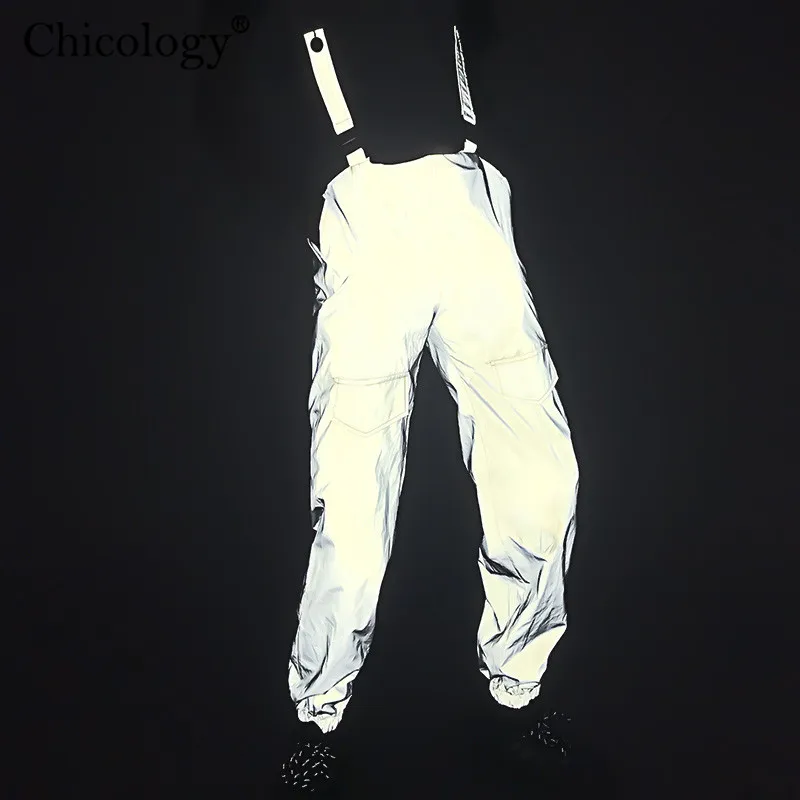 Chicology flash Светоотражающая цепочка карман высокая Талия Длинные брюки женские уличные брюки осень зима Клубная одежда