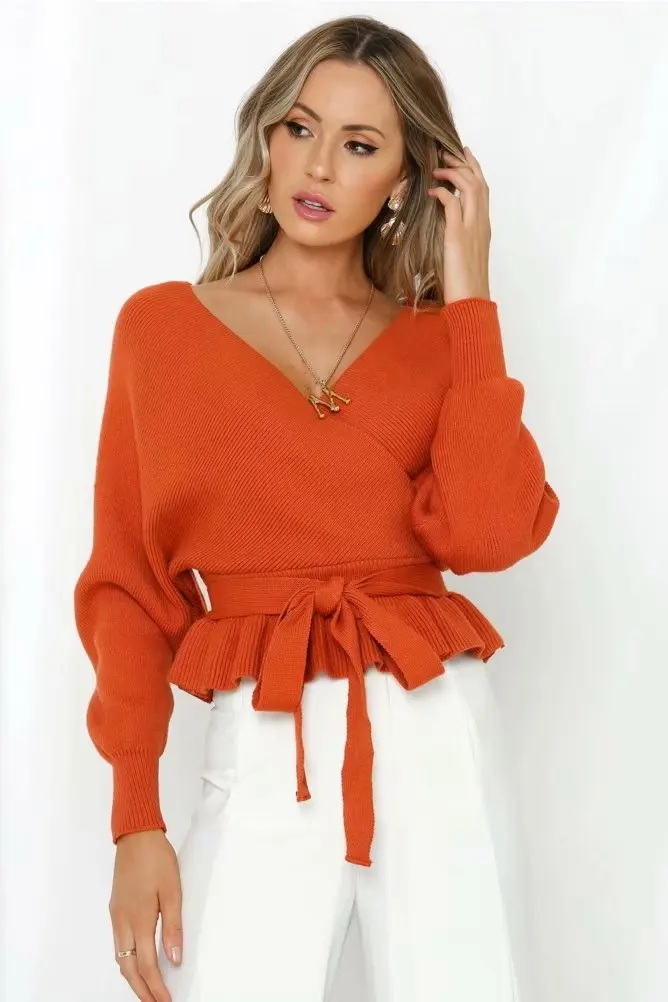 

Fall Winter Women Sweater Ruffled Hem Strap Cross V-Neck Crop Top Pullovers Slim Sexy Bat Sleeve Knitwear Bandage Short Sweater