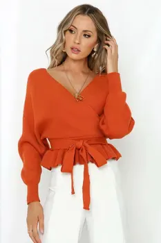 

Fall Winter Women Sweater Ruffled Hem Strap Cross V-Neck Crop Top Pullovers Slim Sexy Bat Sleeve Knitwear Bandage Short Sweater
