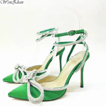 

Attractive Glitter Rhinestones Women Pumps Crystal bowknot Satin Summer Lady Shoes Genuine leather High heels Party Prom Shoes