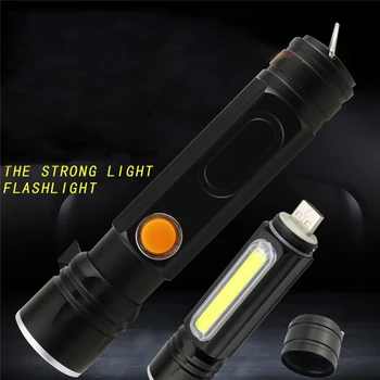 

High Power LED Flashlight Zoomable Retractable T6 COB Side Light USB Charging Mini Torch for Outdoor Cycling Hiking