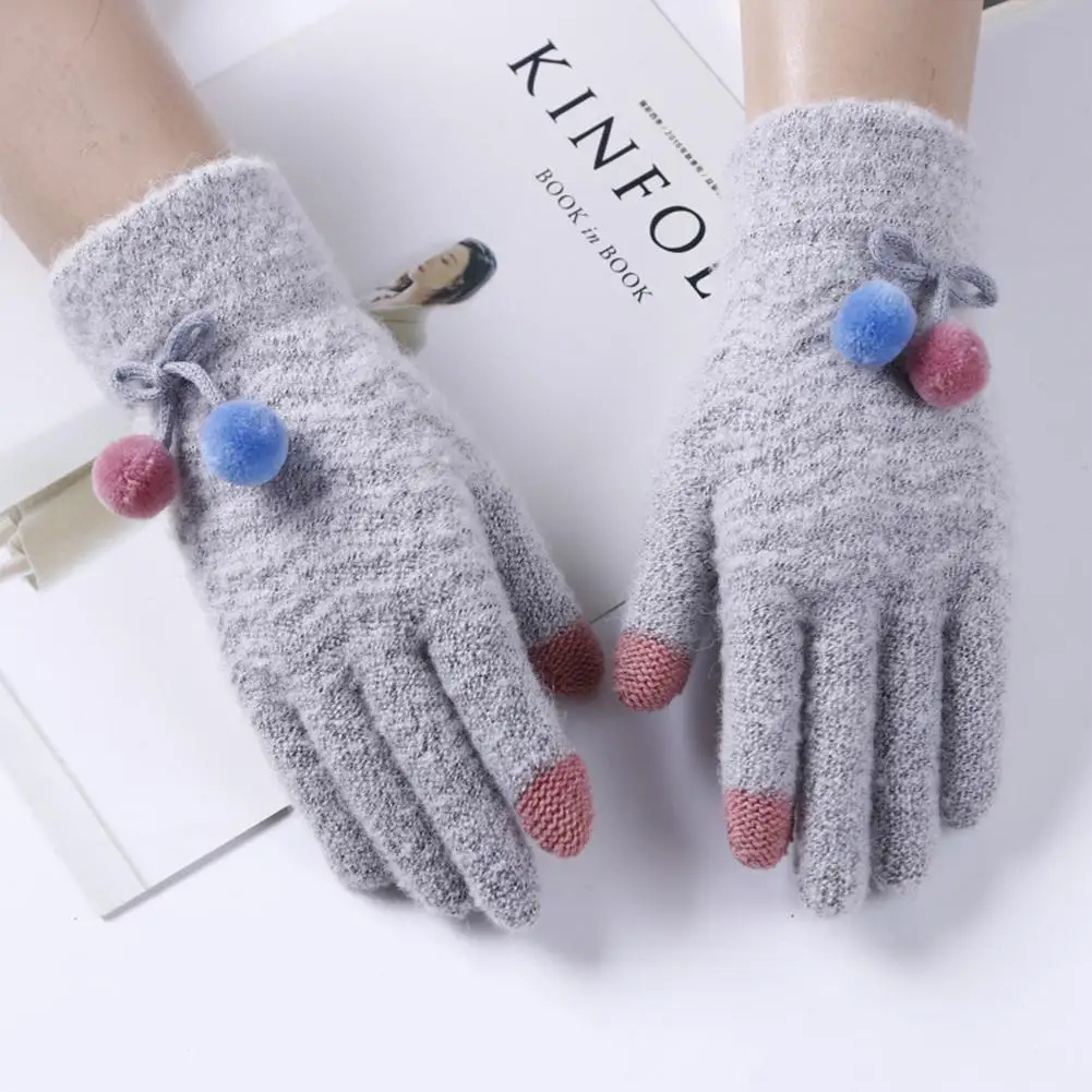 Yfashion, женские кашемировые вязаные перчатки с милым плюшевым шариком, теплые перчатки для сенсорного экрана, зимние перчатки, женские вязаные перчатки