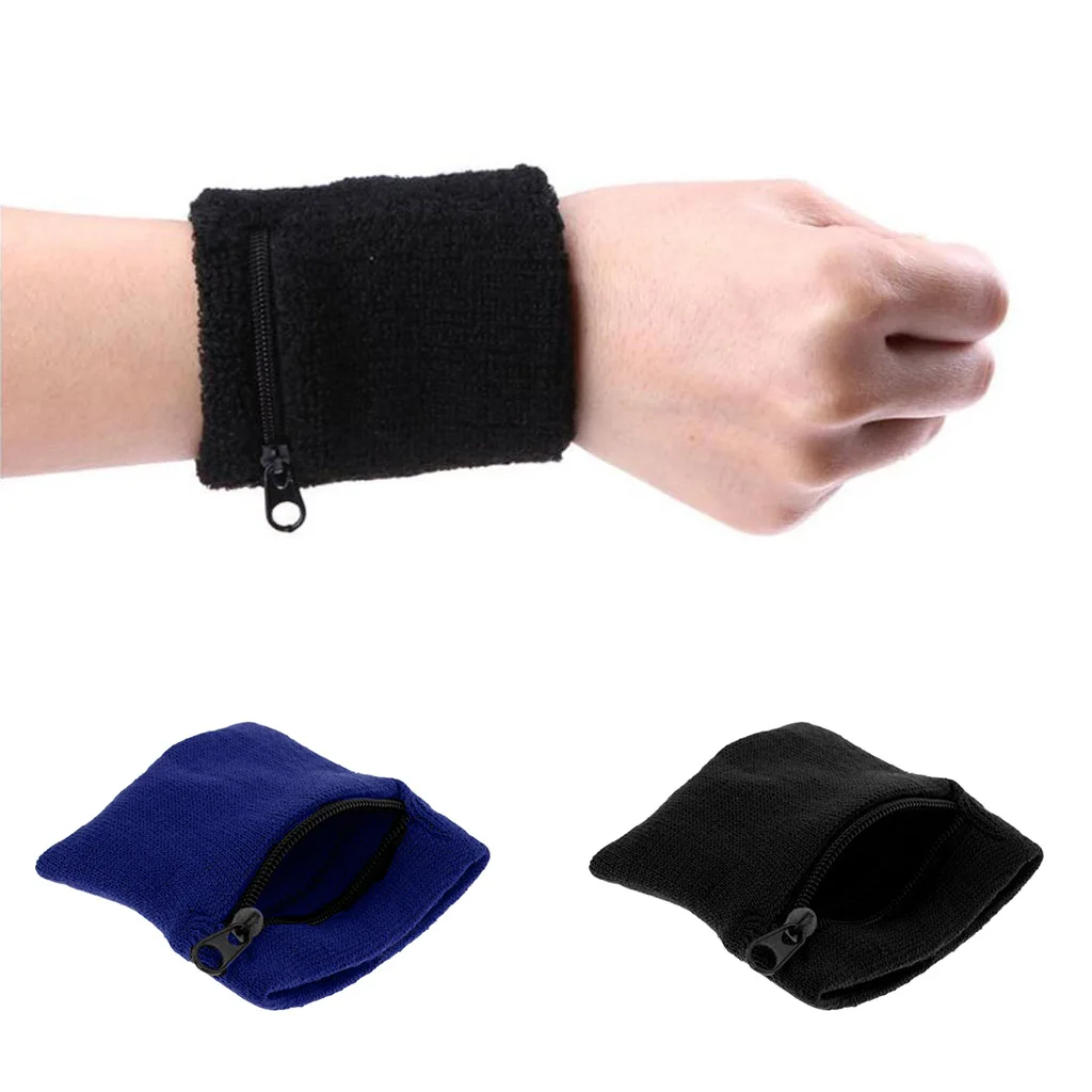(Pack of 2) Unisex Sweatbands Outdoor Sports Running Wrist Band Wallet with Zipper Pocket