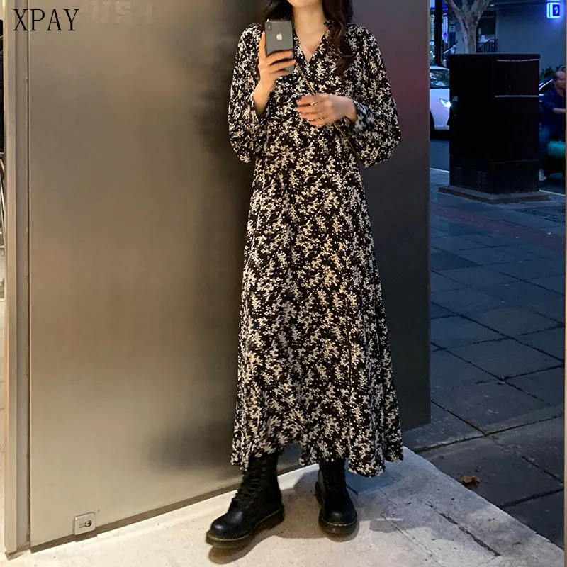 

Women Dress Vintage Bohemian Korean Print Dress Long Sleeve Loose A-Line Maxi Dresses Retro Elegant Dress Vestido De Fiesta 2020
