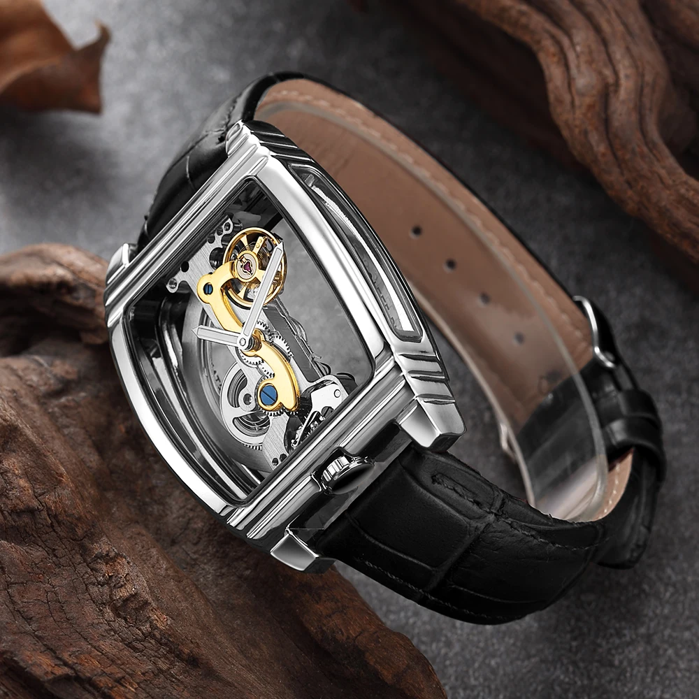 Элитный бренд Для мужчин механические часы на высоком каблуке; Модные прозрачные Самовзводные часы на запястье с кожаным ремешком часы для Бизнес