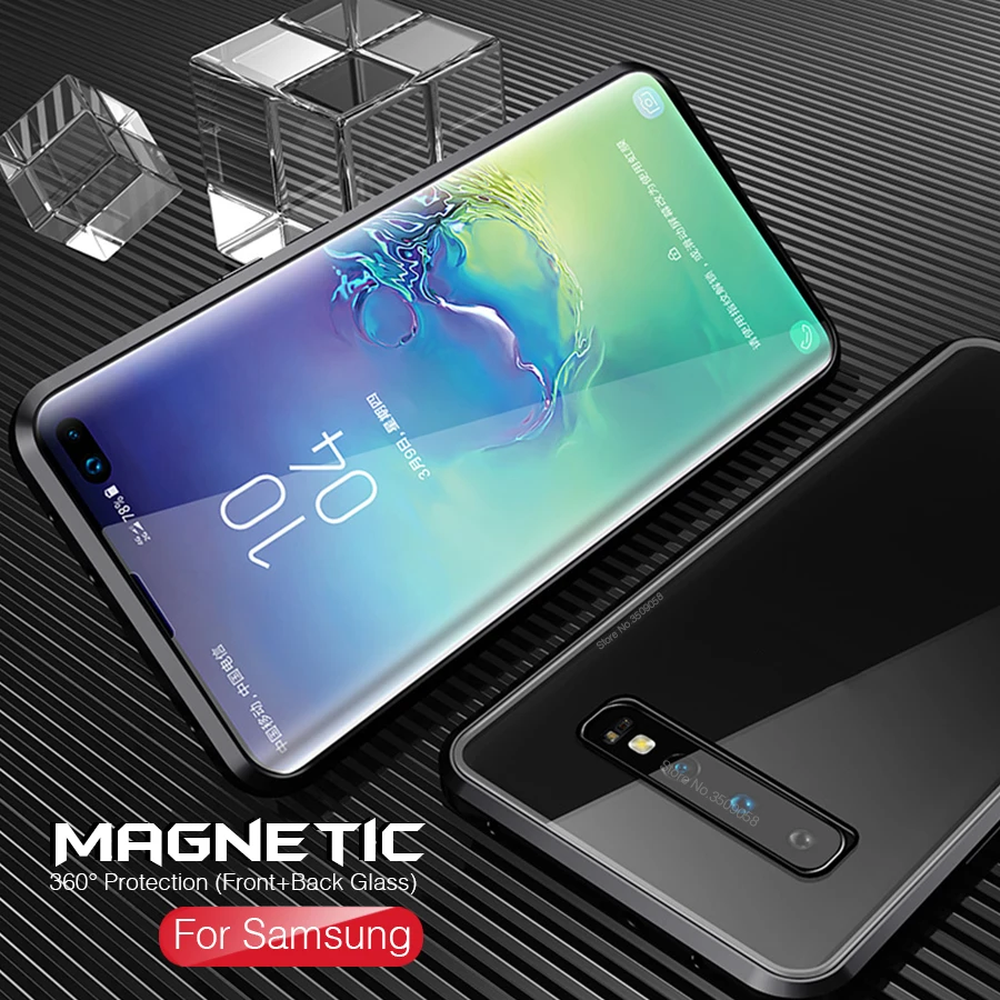 Магнитный двухсторонний стеклянный чехол 360 ° для Samsung Galaxy Note 10 + S10 Plus A20 A30 A50 A70 S10e