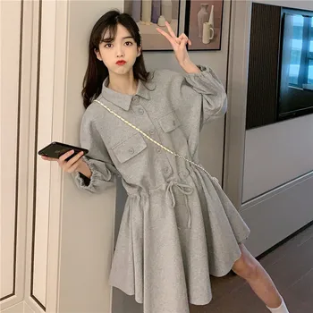 

Autumn Korean-style 2020 New Style Polo Neck Drawstring Waist Hugging Slimming Short-height A- line Long-sleeved Dress Skirt