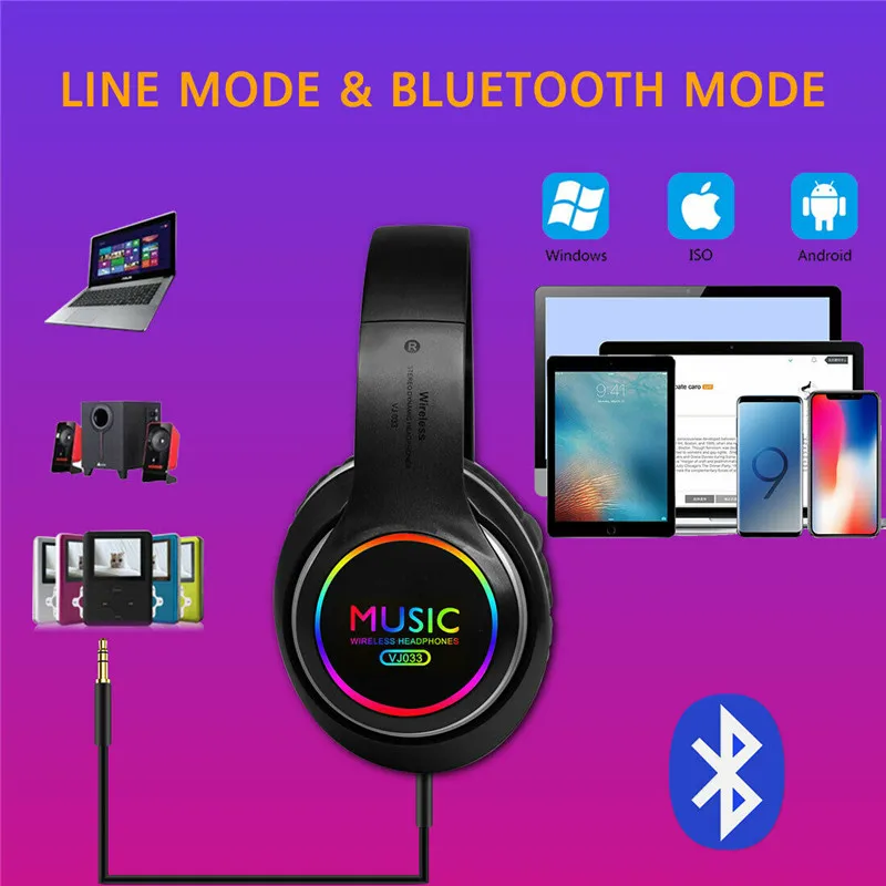 Светодиодный Bluetooth 5,0, беспроводные наушники, Hi-Fi, стерео наушники, Handfree, бас, над ухом, шумоподавление, игровая, Спортивная, музыкальная гарнитура
