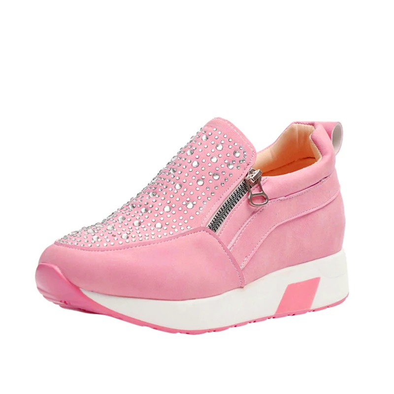 Женская обувь на плоской платформе с кристаллами; сезон осень; Вулканизированная женская повседневная обувь; женские кроссовки; женская модная прошитая обувь размера плюс - Цвет: pink