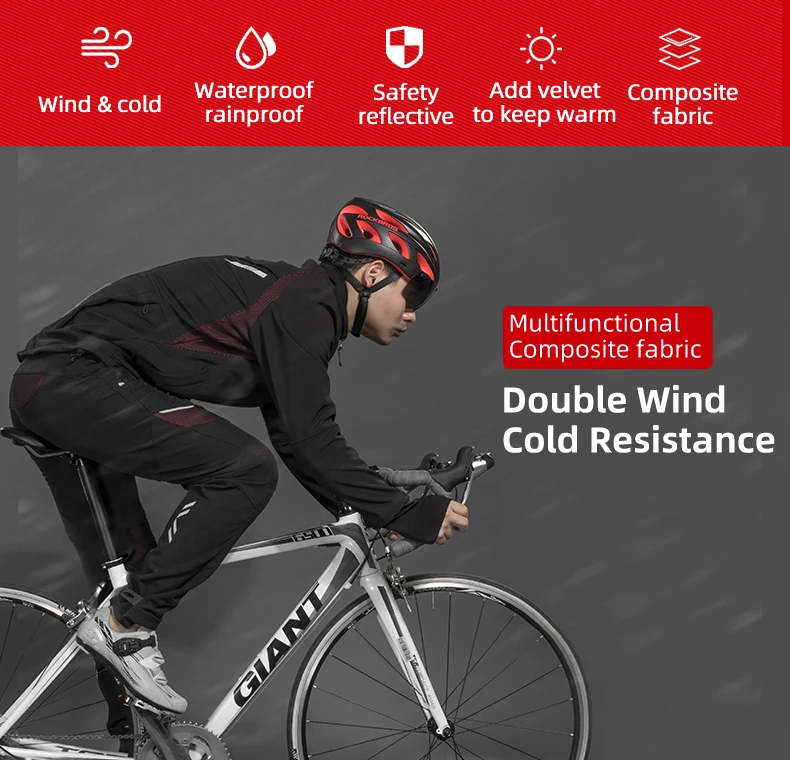ROCKBROS Cycling Clothing Set Winter Thermal Fleece Pants Rainproof Windproof Reflective Cycling Jersey Set Men Women Sportswear