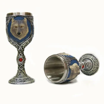 

Double Wall Resin Stainless Steel Wolf King Drinking Mug 150ml Personalized 3D Wolf Head/ Skull Goblet Metal Wine Goblet Cup