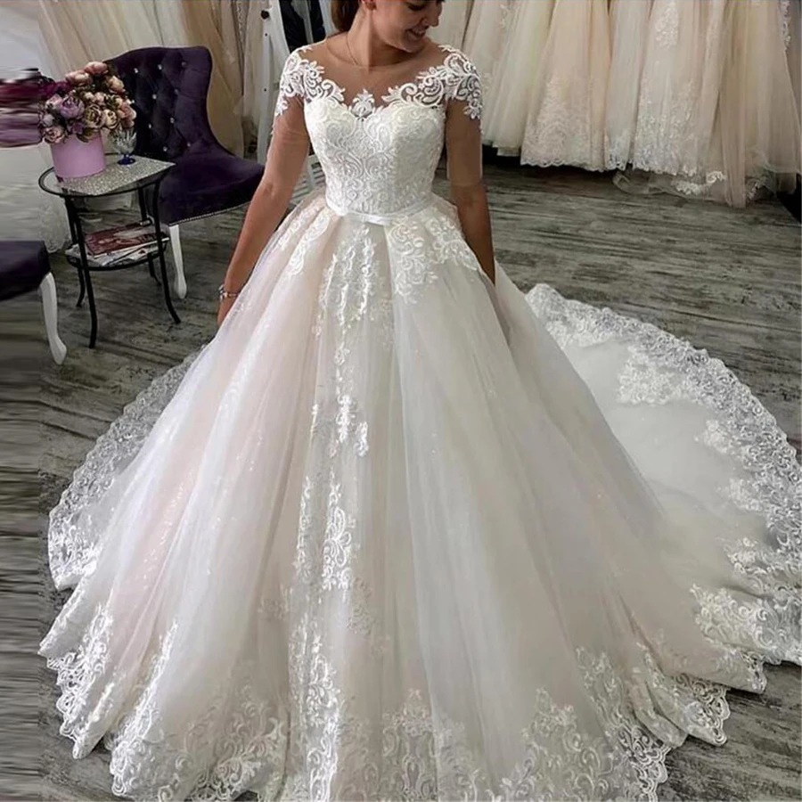 

2020 O-neck Custom Made Tulle Dress With Applique Lace Wedding Dresses Short Sleeve Wedding Gowns vestido de noiva
