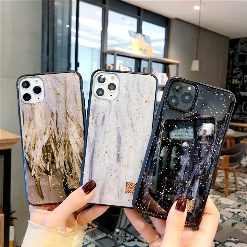 Роскошные чехлы для телефонов из золотой фольги с перьями и мрамором iphone XS MAX X XR 7 8
