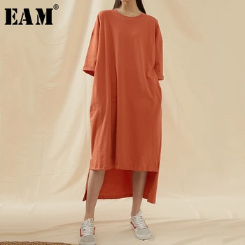 

[EAM] Women Orange Vent Back Long Big Size Dress New Round Neck Half Sleeve Loose Fit Fashion Tide Spring Summer 2020 1T601