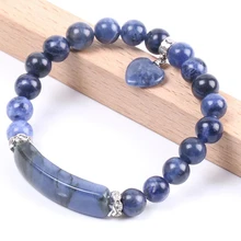 Натуральный голубой камень бисер мода синий белый точечный полудрагоценный камень эластичный шар струнный браслет маленькая любовь кулон