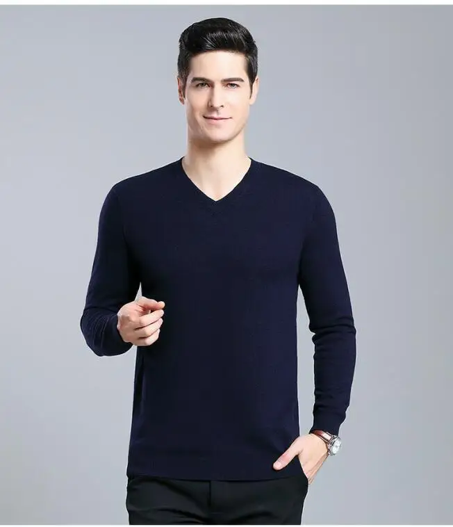 Тёмно-синий Sweater Men Casual V-Neck Pullover Men Autumn Slim Fit Long Sleeve Shirt Mens Sweaters Knitted Cashmere Wool - Цвет: Тёмно-синий