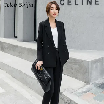 

SHIJIA Woman double-breasted pant suits two-piece notched blazer jacket & pants workwear office 2020 spring summer 2 piece set