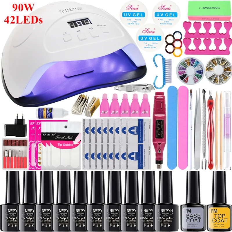 16/10 pcs Nail Gel Polish Set Kit 90/80/54/36W UV LED Lamp Manicure Set Nail Art Salon ForManicure Tools WIth Nail Drill Machine - Цвет: choose 10 colors 90W