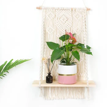 

Boho Cotton Rope Woven Tapestry Floating Shelf Wall Hanging Flower Pot Holder Display Rack Home Wall Decorations