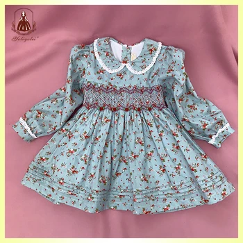 

Yoliyolei Girl Dress Smocked Style Cable Embroidered Big Bow Lace Doll Collar Long Sleeve Dress Autumn Casual Kids Clothes