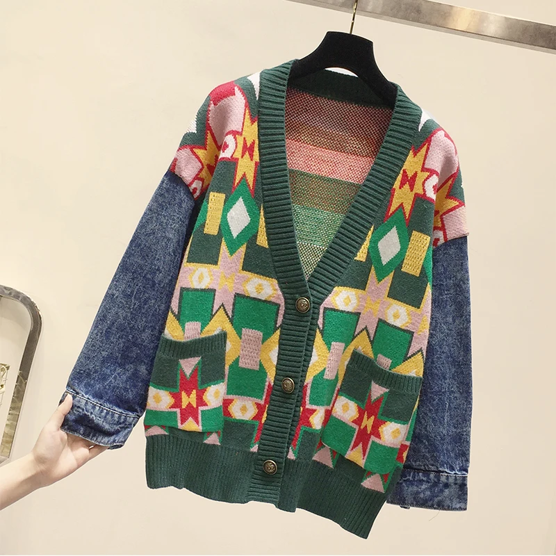 Loose V-Neck Long Sleeve Women Tops Autumn Winter New Fashion Pattern Denim Patchwork Knitting Sweater Cardigan Q027 - Цвет: green