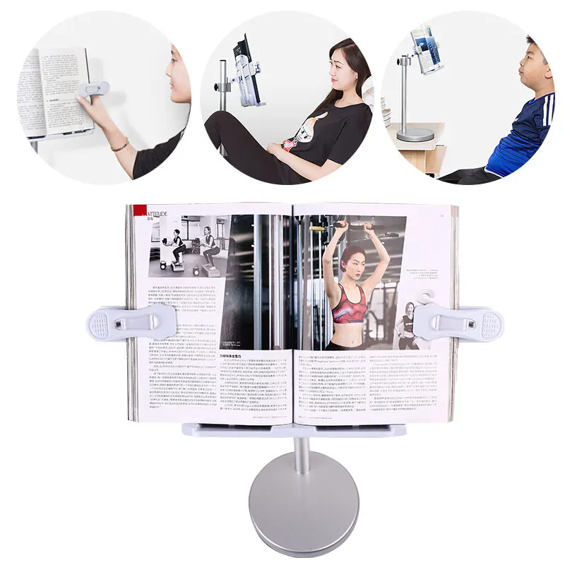 

Adjustable Reading Stand 360 Degree Rotation Metal Bookends Office Desk-Top Silver Universal Book Clip Bookstand Tablet Holder
