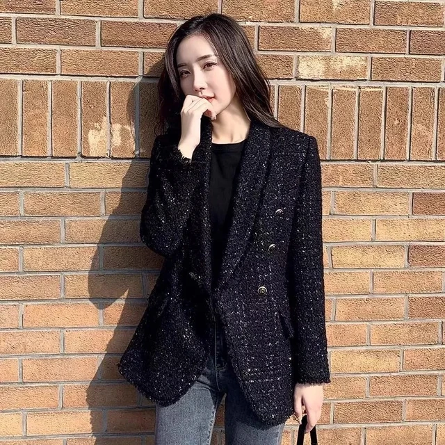 Double Breasted Tweed Blazer, Blazer Black Winter Fashion