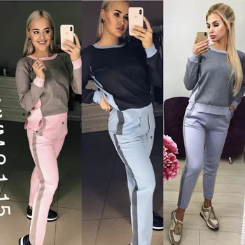 

Women Sweater Suits and Set Casual Knitted Sweaters Pants 2 Piece Set Knit Sportswear Women Trousers+Jumpers Top Splice Clothing