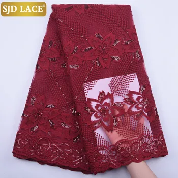 

SJD LACE Winered Lace Sewing African Lace Fabric With Sequines Milk Silk Latest French Lace Fabric For Wedding Festival SewA1875