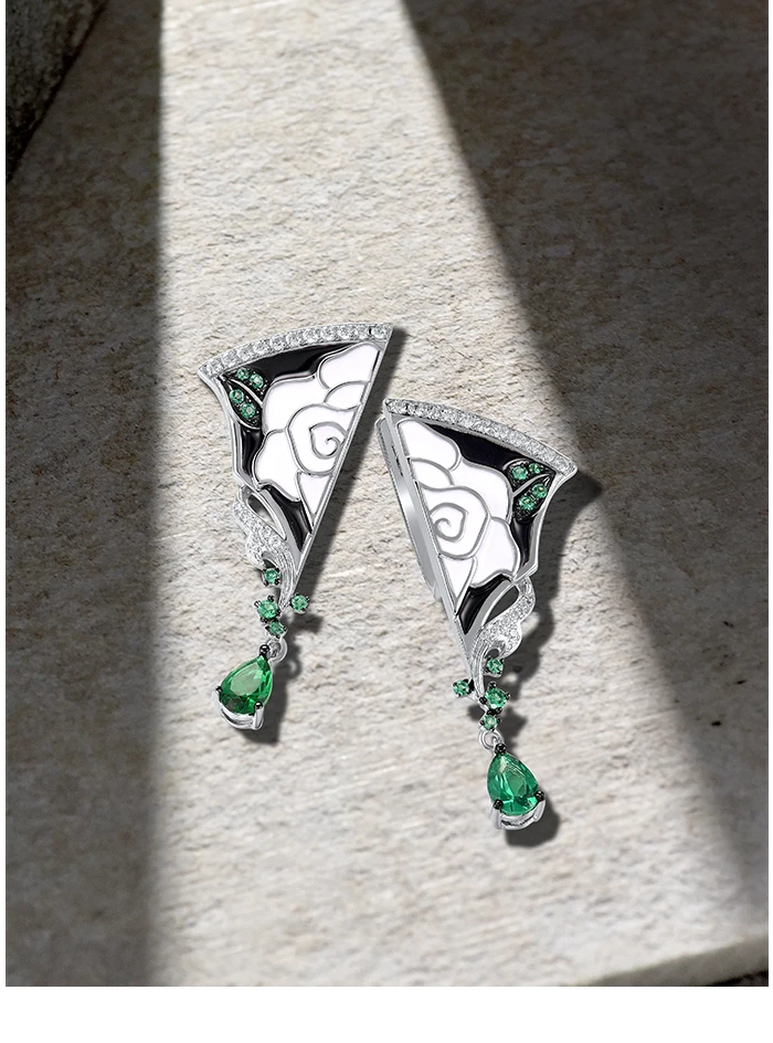 Silver Spinel Peony Enamel Asymmetric Earrings
