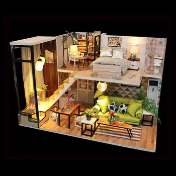 

wooden large doll house modern city loft kids home toys diy miniature doll house wood kit furnitures lamp bed zabawki dla dzieci