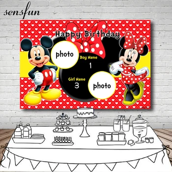 

Sensfun Twins Minnie And Mickey Backdrop For Birthday Party Red Little Hearts Photography Backgrounds Custom Photos name age