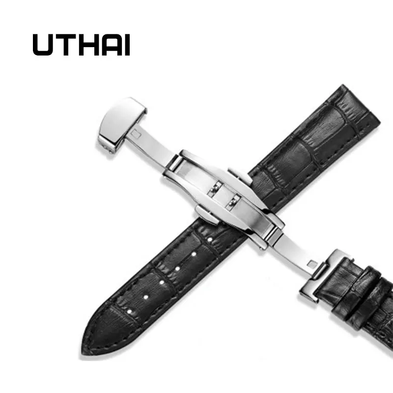 UTHAI Z09 Ремешки для наручных часов из натуральной кожи 12-24 мм Универсальные часы с бабочкой и пряжкой стальной ремешок с пряжкой браслет+ инструмент - Цвет ремешка: Черный