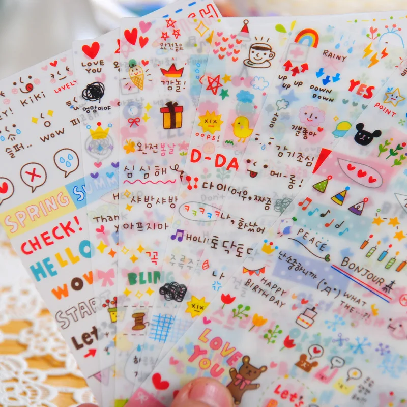 6 листов/Набор наклеек милые корейские ПВХ прозрачные хлопья печать карты для скрапбукинга Diy Дневник календарь тетрадь этикетка канцелярские товары