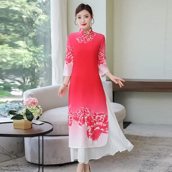 

2020 women oriental long sleeve evening gown female chinese style full length improved qipao flower printing aodai chinese dress