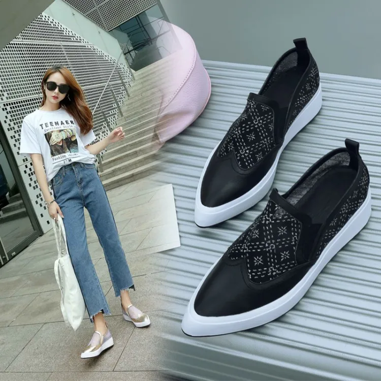 

Europe And America Platform Shoes Female Spring Summer Pointed-Toe Thick Bottomed Hollow out Gauze Mixed Colors Slip-on WOMEN'S