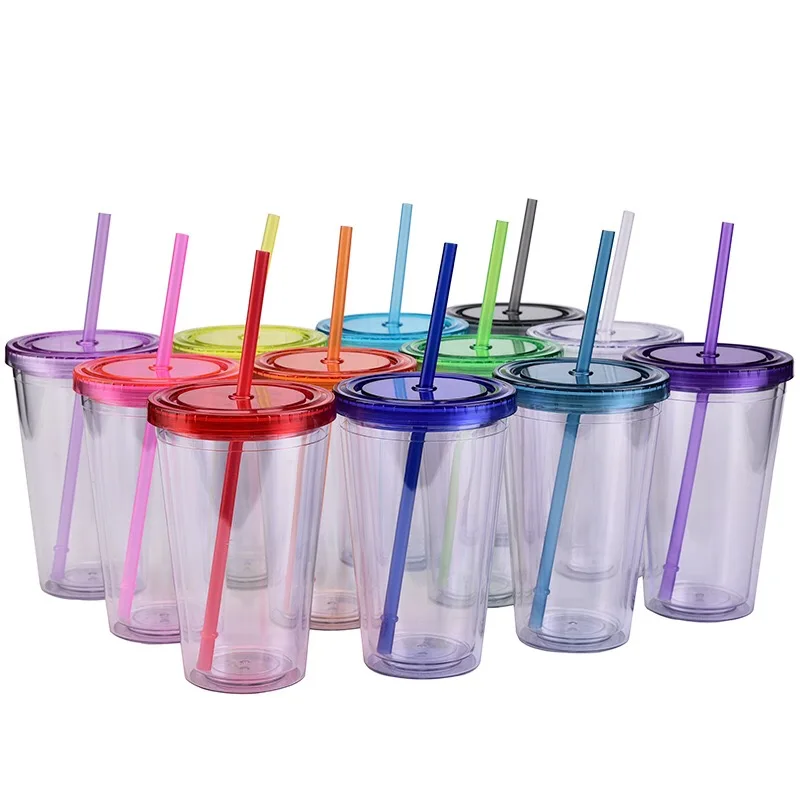 16oz Clear Insulated Acrylic Tumblers with Lid & Straw, Bulk Double Wall Reusable Classic Cup, Great Plastic Tumblers for Cold Drinks, Coffee