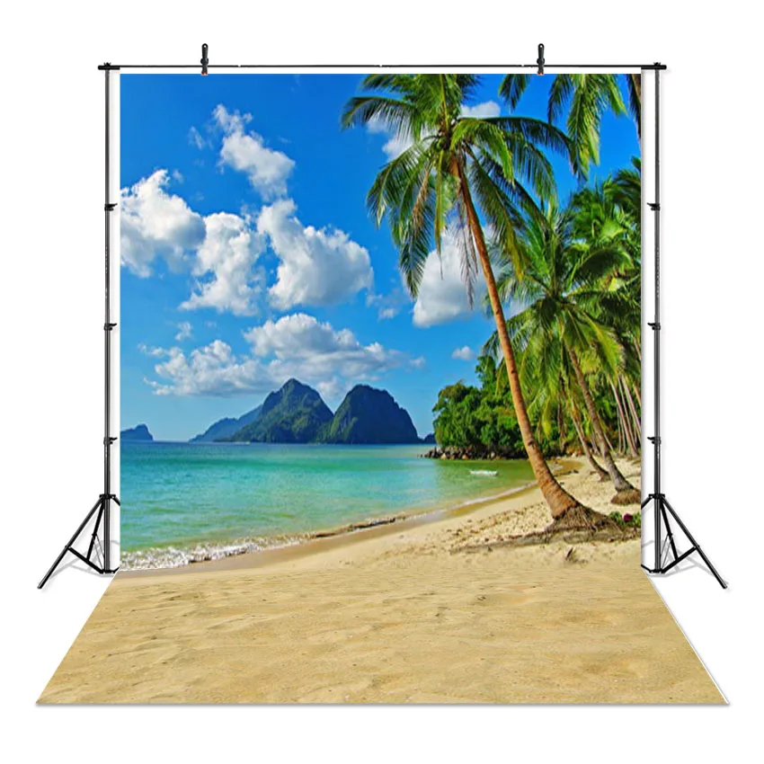 Sea Beach Sand Cloudy Blue Sky Scene Summer Beach Photography Backdrop Photo Studio Tropical Palms Coconut Tree Background Photo backdrop Photo wallpaper