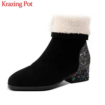 

Krazing Pot big size gorgeous shiny crystal heel stretch flock snow boots round toe med heels super keep warm mid-calf boots L07