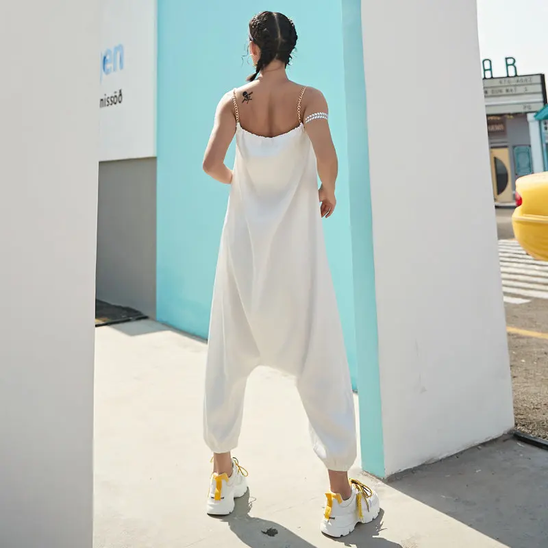 Women Juniors Sleeveless Backless Harem Rompers Jumpers Jumpsuits Summer with Metal Chain Shoulder Strap Streetwear Daisy Print