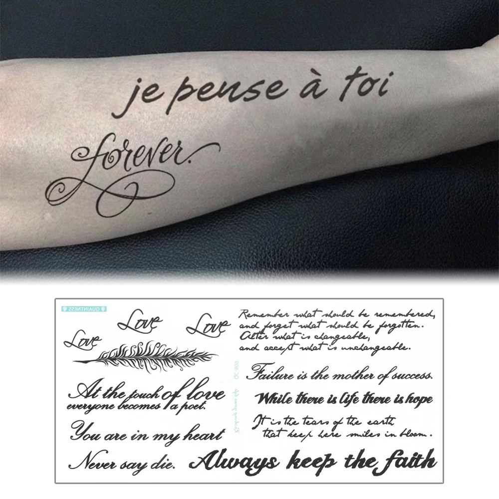 1 лист черных букв английское слово Временные татуировки стикер s перо тату боди