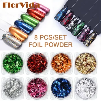 

FlorVida 8pcs Set Tin Foil Powder For Nail Art Holographic Pigment Glitter Sequins Rub On Nails Design Manicure Decorations Kit
