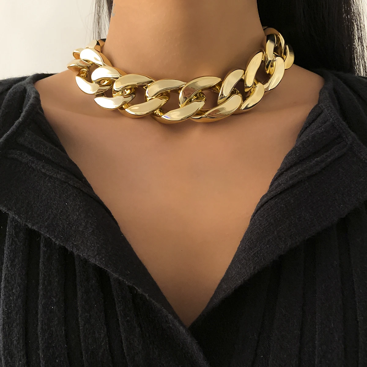 TseenYi Lock Necklace Punk Chunky Chain Choker Necklace Gold