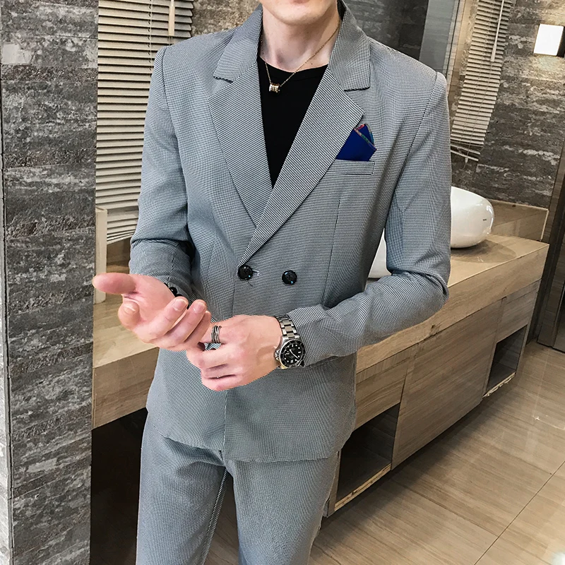 2019 autumn new men's fashion double-breasted plaid suit two-piece suit (blazer + suit pants) men's fashion slim casual suit 2019 autumn new men's fashion double-breasted plaid suit two-piece suit (blazer + suit pants) men's fashion slim casual suit