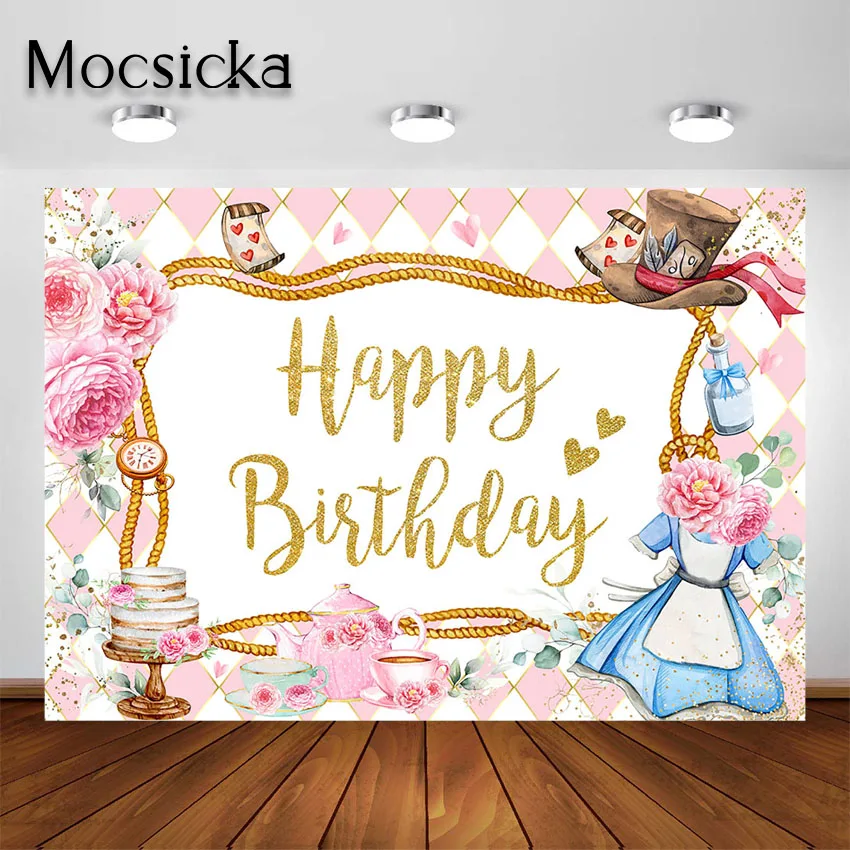 Mocsicka-tea Party Backdrop Princess Photo Background First Birthday Alice no País das Maravilhas Photoshoot