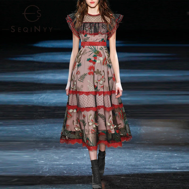 

SEQINYY Runway Midi Dress 2020 Summer Spring New Fashion Design Women Short Sleeve Embroidery Flowers Fruit Midi Lace Mesh Dress