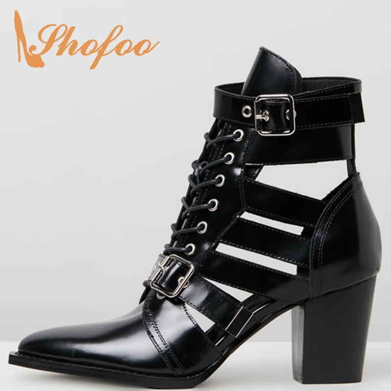 Female Summer Booties Shoes Buckle Strap Lace Up Ankle Boots Woman Pointed Toe High Square Heels Large Size 33 36 Fashion Mature | Обувь